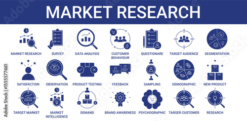 Market Research icon pack with market survey, segmentation, questionnaire and observation icon