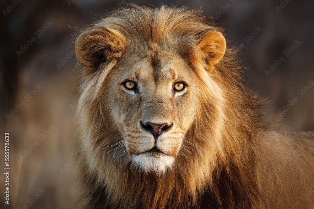Lion headshot with golden mane amber eyes and symmetrical facial features in soft focus Lion headshot with golden mane amber eyes and symmetrical facial features in soft focus