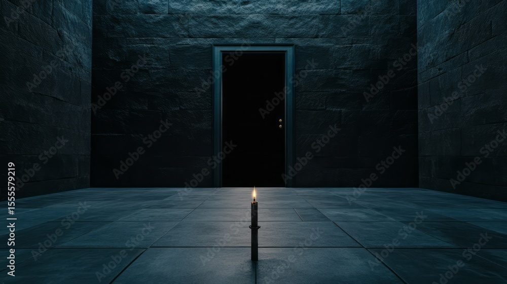 Obraz premium Dark Room with Candlelit Focus on Mystical Doorway Leading to Unknown Shadows