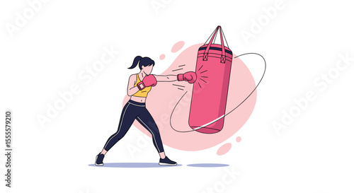 Woman training with a punching bag during a fitness workout and developing her boxing skills