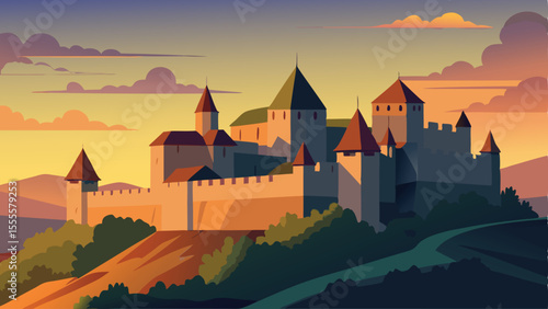 A cartoon depiction of a fortress at sunset on top of a hill landscape illustration