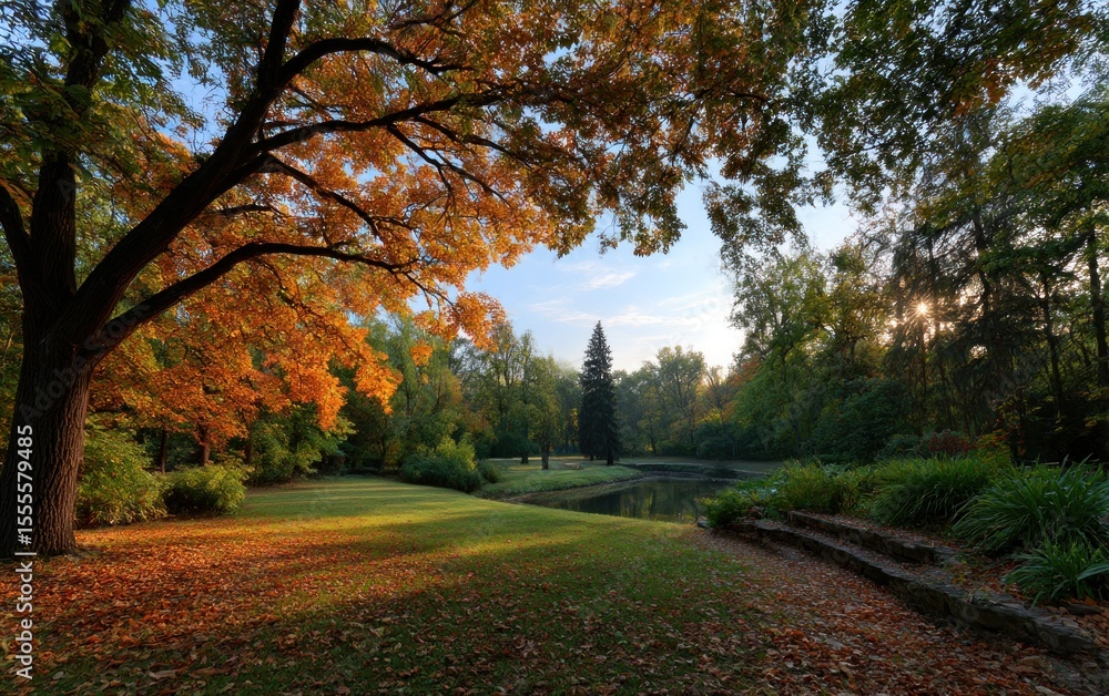 Fototapeta premium Autumn park scene at sunrise