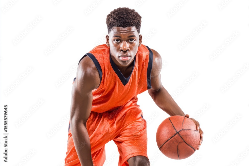 Man in orange basketball uniform dribbles ball centered against white Man in orange basketball uniform dribbles ball centered against white