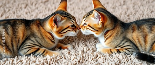 Two tabby cats playfully sniffing each other on a plush rug, tails twitching,   soft fur,  sniffing