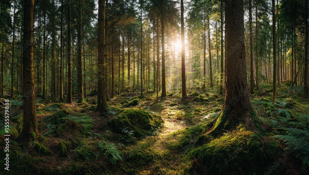 Obraz premium Sunlight filtering through a dense forest