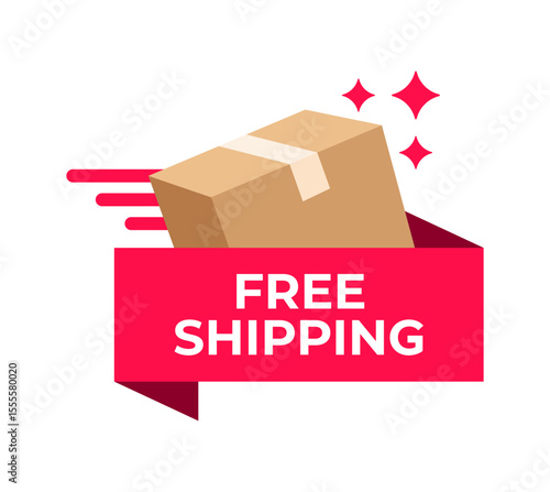 Free Shipping Delivery Icon. Cardboard Box with fast, sparkles and Free Shipping Ribbon Tag. Shipping Box Graphic with Red Free Shipping Banner. Vector Illustration