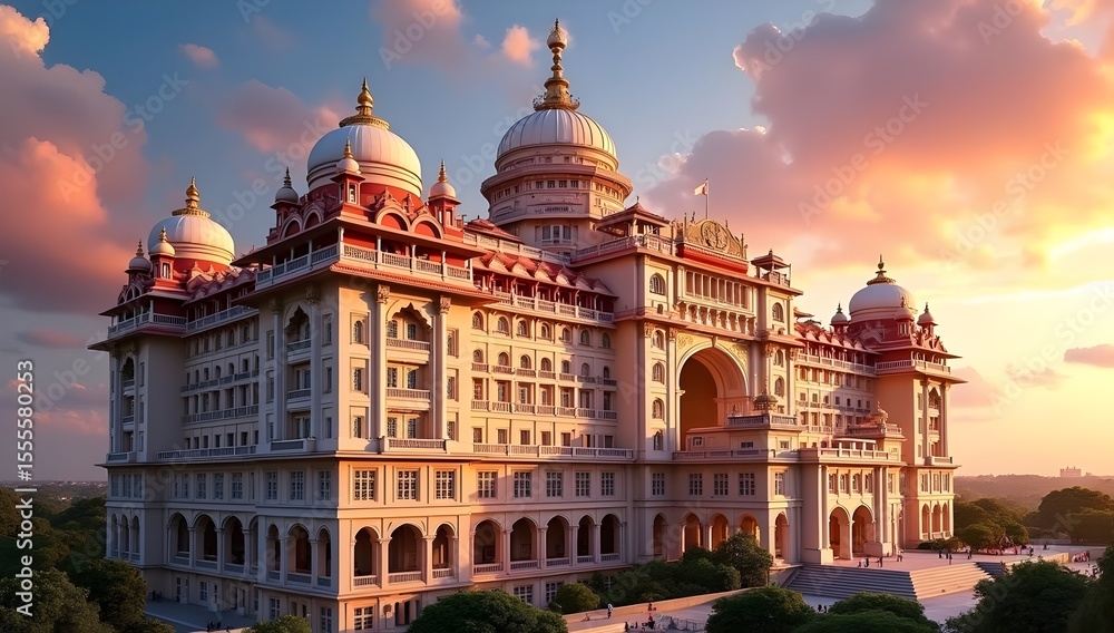 Fototapeta premium Taj Mahal Palace Hotel at Sunrise – Vibrant Architectural Landmark with Domes and Arches
