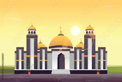 view of a mosque in a village with a calm atmosphere