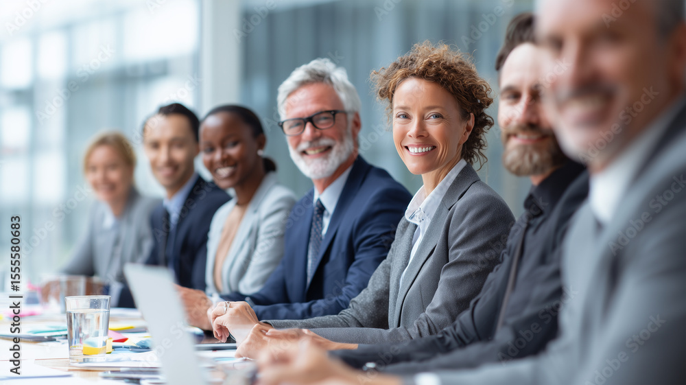 Fototapeta premium Long line of business professionals of different ethnicities sitting in a row at a conference table in a glass office, smiling and looking forward