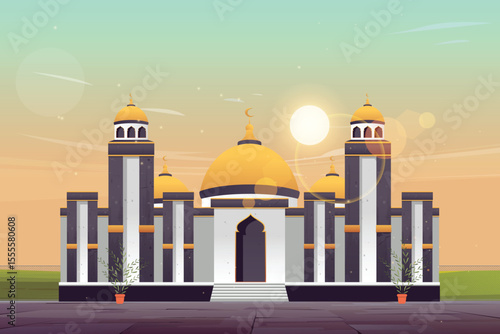 view of a mosque in a village with a calm atmosphere