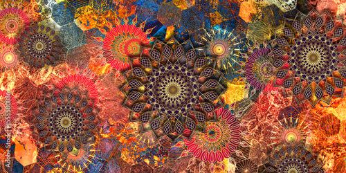 Mystical Mandala Background – Intricate Bohemian Art for Meditation, Tattoo, and Decor, colorful vintage art, ancient Indian vedic background design, old painting texture with  mathematical shapes