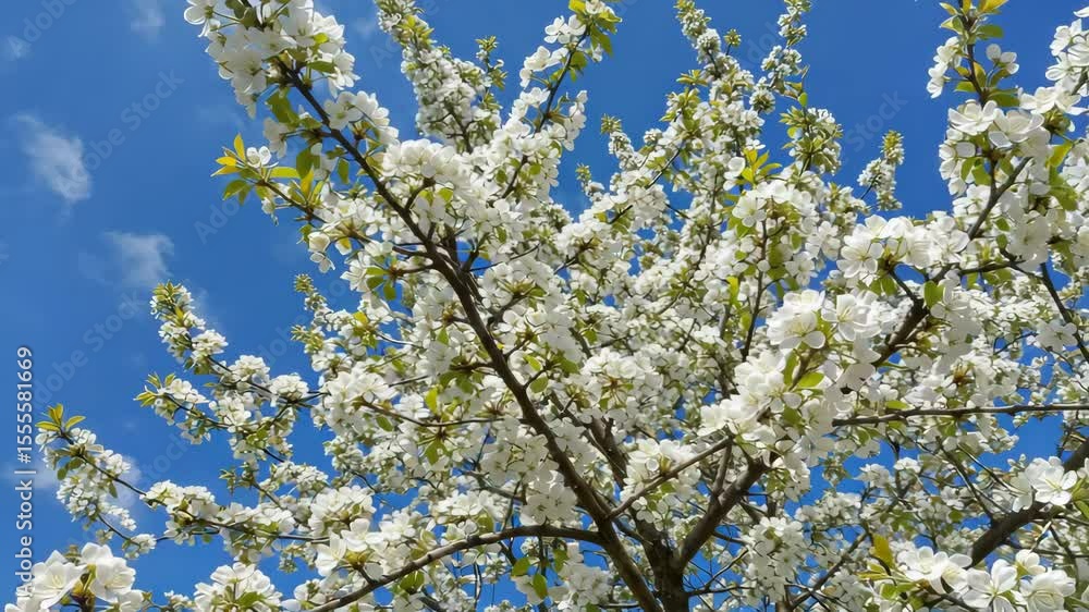 Blossoming white flowers on a tree under a blue sky in spring showcasing nature's beauty and renewal Blossoming white flowers on a tree under a blue sky in spring showcasing nature's beauty and renewal