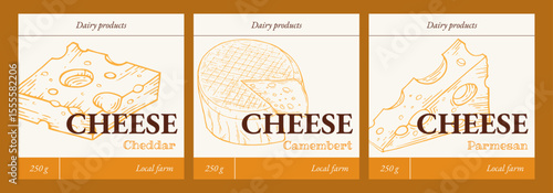 Cheese label set. Design tags for packaging dairy products. Craft branding for natural cheeses. Camembert, Parmesan and Cheddar hand-drawn in sketch retro style. Vector illustration.