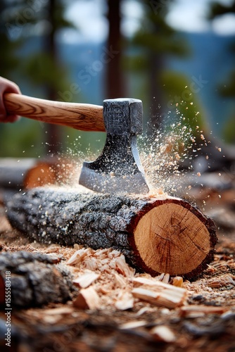 Axe chopping wood in forest