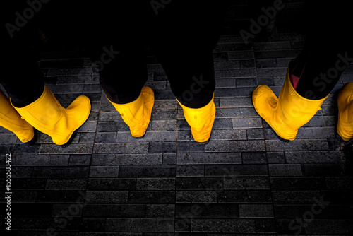 Top-down view of multiple individuals standing in line wearing bright yellow rubber boots on a dark, textured tiled floor.