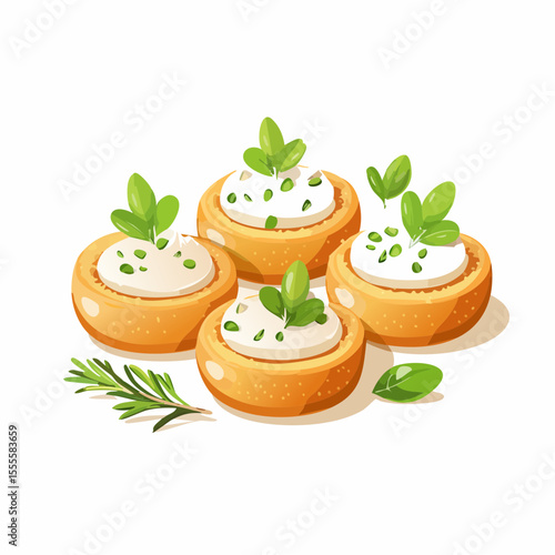 Delicious appetizer of baked stuffed mushrooms with creamy cheese filling and fresh basil garnish, isolated vector illustration.