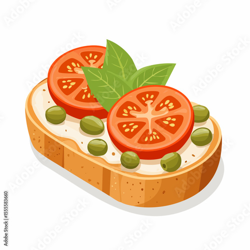 Classic Italian bruschetta appetizer with fresh sliced tomatoes, capers, and basil on toasted bread