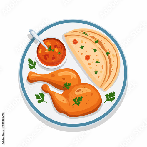 A flavorful Indian cuisine concept featuring tandoori chicken, naan bread, and spicy curry sauce served on a plate, top view