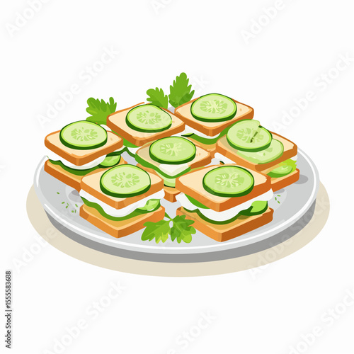 A plate of fresh cucumber tea sandwiches with cream cheese. A classic light and healthy appetizer for brunch or a party. Vector illustration.