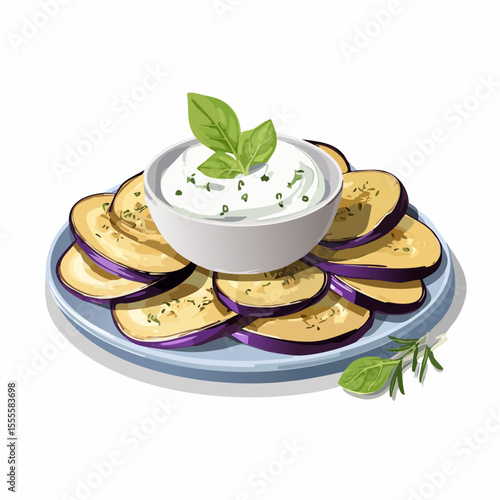 A plate of grilled eggplant slices served with a creamy yogurt dip, garnished with fresh basil, a healthy vegetarian appetizer.