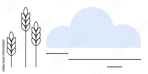 Wheat stalks beside a soft blue cloud in a clean design. Ideal for agriculture, sustainability, nature, weather, simplicity, eco-farming, rural lifestyle. Minimalist flat design metaphor