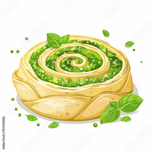 A freshly baked savory swirl pastry with a delicious green pesto filling, garnished with fresh basil leaves.