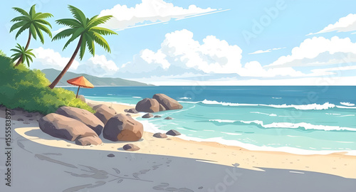Tropical beach, Beach scene, Palm trees beach, Ocean waves, Sunny beach, Exotic beach, Beach landscape, Tropical paradise, Beach holiday, Blue sea, White sand, Summer beach, Island beach, Beach with h