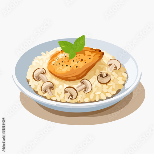 A savory plate of chicken and mushroom risotto, a gourmet meal concept with a fresh basil garnish, isolated vector illustration.