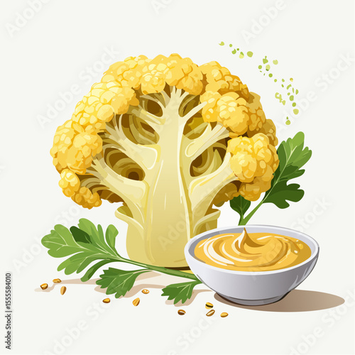 Fresh golden cauliflower cross-section with mustard dip and parsley, a healthy food illustration for vegetarian and organic concepts.