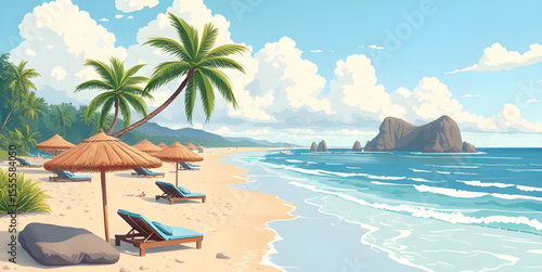 Tropical beach, Beach scene, Palm trees beach, Ocean waves, Sunny beach, Exotic beach, Beach landscape, Tropical paradise, Beach holiday, Blue sea, White sand, Summer beach, Island beach, Beach with h