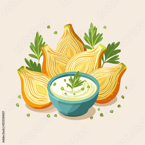Fresh fennel wedges with a creamy herb dip. A healthy vegetarian appetizer illustration ideal for culinary and wellness concepts.