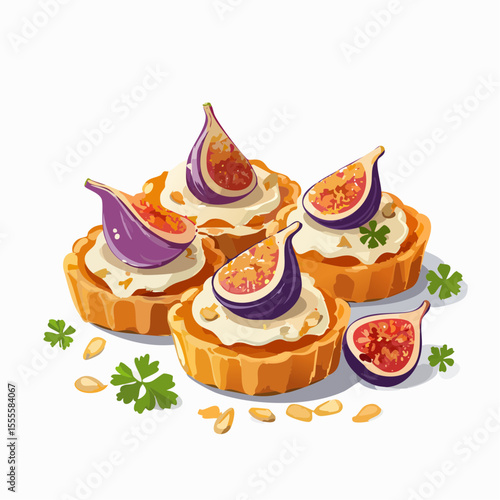 A delightful illustration of gourmet tartlets topped with fresh figs, creamy cheese, and pine nuts on a white background.