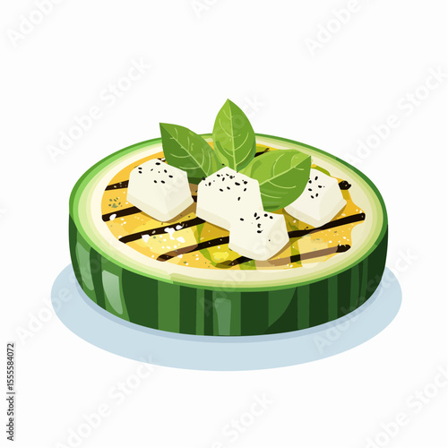 A gourmet appetizer of a grilled zucchini slice topped with feta cheese, fresh basil, and a savory glaze. Healthy vegetarian food concept.