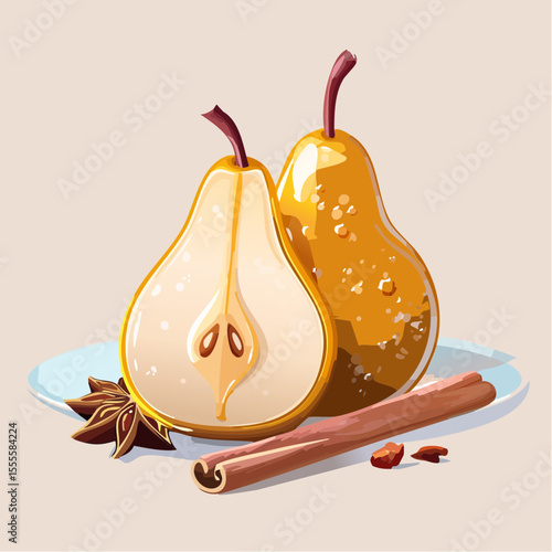 Stylized still life of a whole and halved yellow pear with cinnamon and anise spices for a fragrant dessert