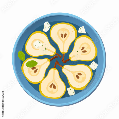Gourmet appetizer of sliced pears with feta cheese and mint garnish arranged on a blue plate. Healthy and elegant sweet and savory dessert dish.