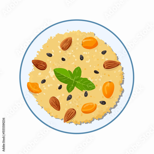 A wholesome bowl of oatmeal porridge with almonds, dried apricots, and fresh mint. A healthy breakfast food concept illustration.