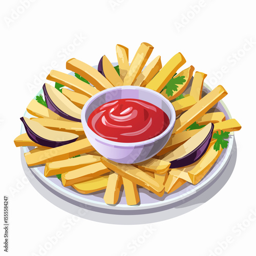 A savory appetizer platter featuring golden potato fries and fried eggplant slices with a central dip of red ketchup