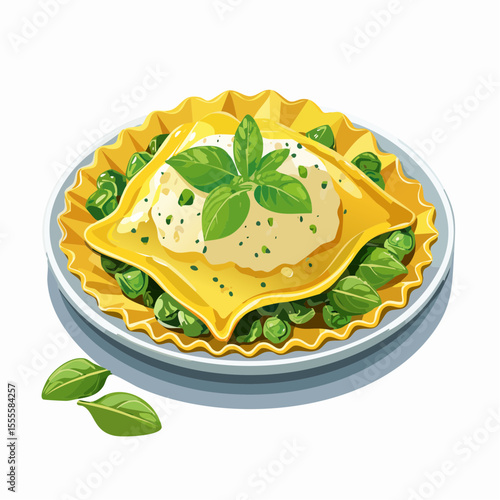 Gourmet raviolo pasta with ricotta filling, served on a bed of green peas and garnished with fresh basil.