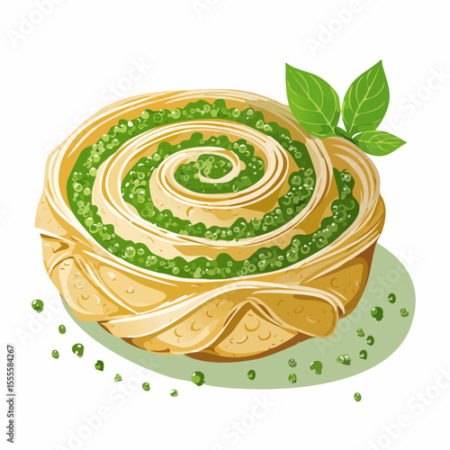 A savory pesto swirl bun, a delicious baked pastry appetizer with fresh basil leaves. Isolated vector food illustration.
