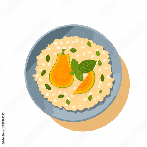 Gourmet meal concept showing a top-down view of a bowl of creamy risotto with fresh papaya and basil leaves.