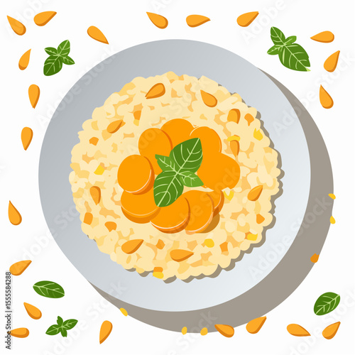 Top-down view of a delicious plate of carrot risotto garnished with fresh basil and pine nuts. Healthy vegetarian meal concept.