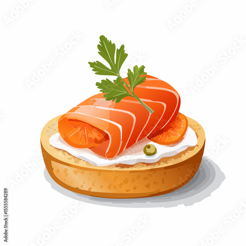 Gourmet canapé with smoked salmon, cream cheese, and parsley. An elegant seafood appetizer illustration on toast, isolated on a white background.