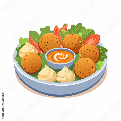 Delicious bowl of fresh falafel with lettuce, tomatoes, and dipping sauce. A healthy and traditional Middle Eastern vegetarian dish.