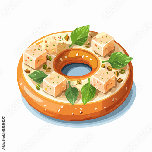 Gourmet savory bagel with feta cheese cubes, fresh basil, and pistachio topping. An artistic vector illustration of a creative culinary fusion concept.