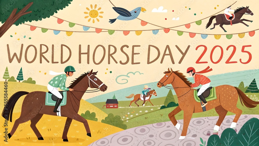 Fototapeta premium World horse day 2025 celebration with equestrians and festive decorations