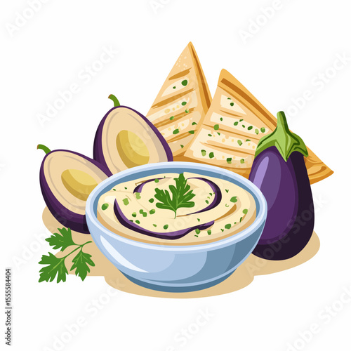 A vector illustration of a bowl of traditional baba ghanoush, a Middle Eastern eggplant dip, served with grilled pita bread and fresh aubergines.