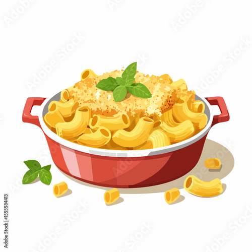 A savory serving of classic baked macaroni and cheese, topped with a golden crust and fresh basil garnish in a red casserole dish