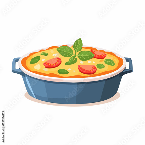 A freshly baked casserole in a blue ceramic dish, garnished with sliced tomatoes and fresh basil leaves. This is a concept of homemade comfort food.