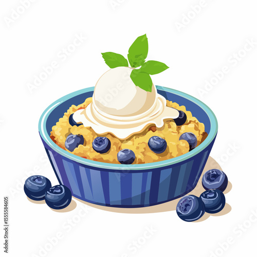 Delicious homemade blueberry crumble with a scoop of vanilla ice cream and fresh mint, served in a charming blue bowl illustration.