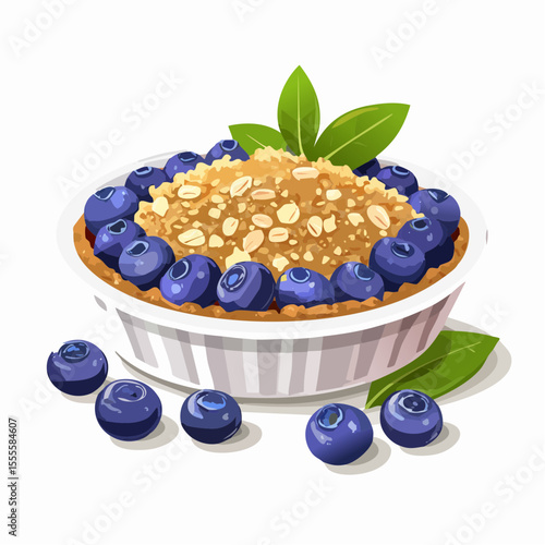 Sweet and delicious homemade blueberry crumble tart with fresh berries. Wholesome dessert illustration isolated on white.